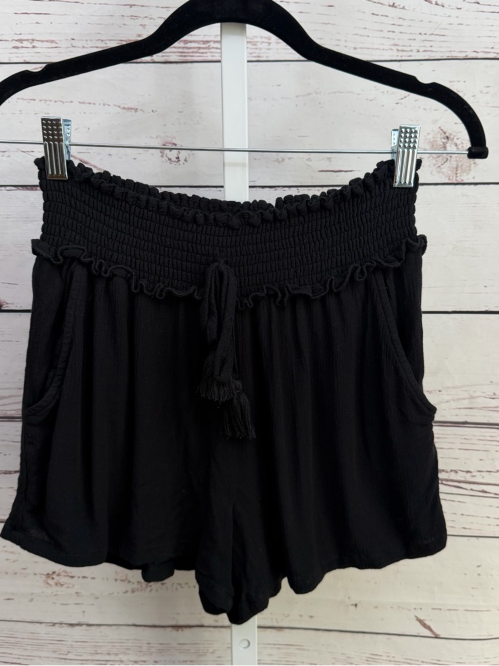 Kingston Grey Black Smocked Elastic Waist Shorts with Tassel Drawstring Medium